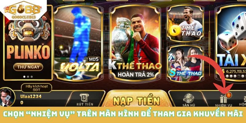 Chọn &ldquo;Nhiệm vụ&rdquo; tr&ecirc;n m&agrave;n h&igrave;nh cổng game để tham gia khuyến m&atilde;i